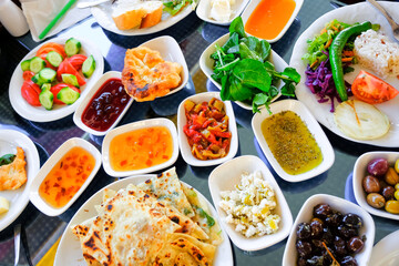 Traditional Turkish breakfast. Plates with various appetizers.