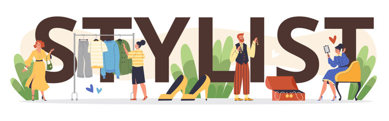 Fashion stylist or image maker banner or website header, vector illustration.