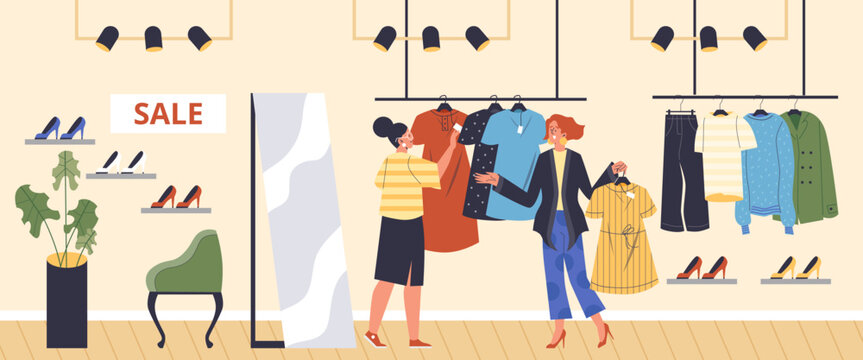 Clothing store scene, woman shopping with personal stylist, flat vector illustration.