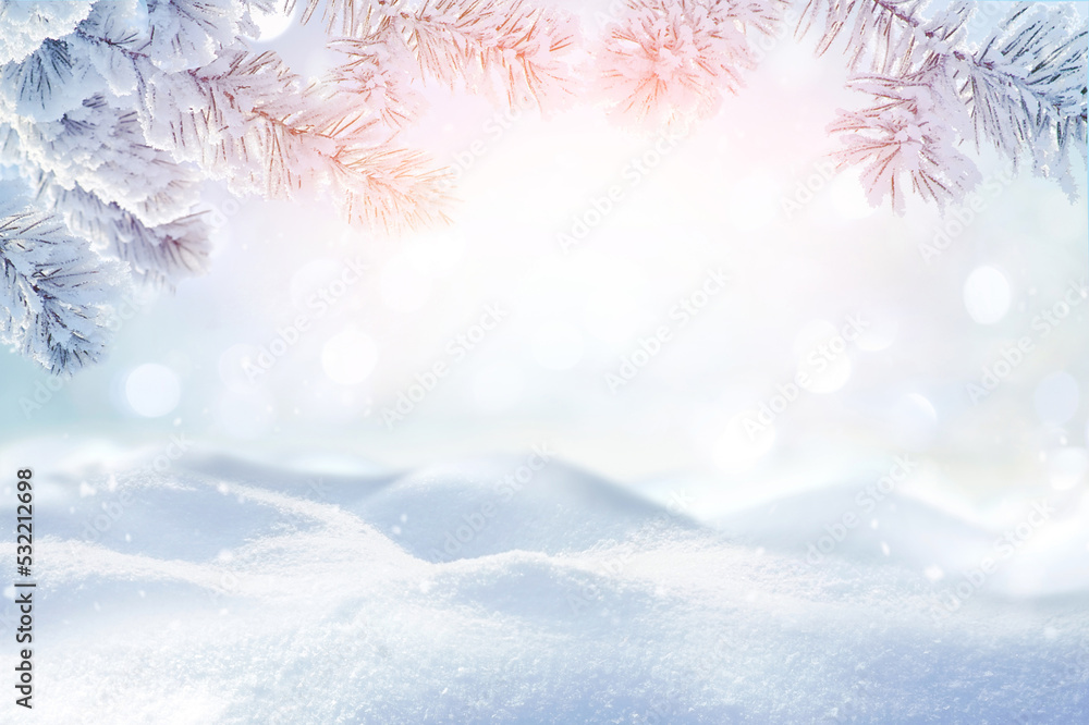 Poster Beautiful light background image for an invitation or postcard on a New Year's theme with snow-covered spruce branches and a pristine snowy surface.