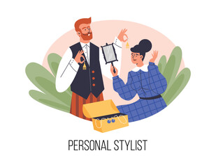 Stylist picks up jewelry for client to outfit, flat vector illustration isolated.