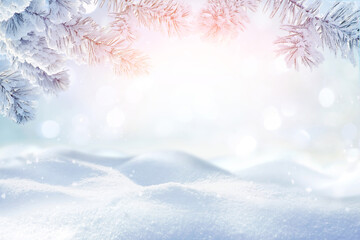 Beautiful light background image for an invitation or postcard on a New Year's theme with snow-covered spruce branches and a pristine snowy surface.