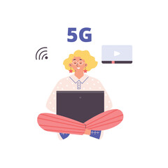 Smiling curly woman working with laptop using 5G technology flat style