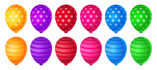 Fototapeta na wymiar Balloon with star and line texture, Bunch of balloons for birthday and party, Flying ballon in various colors isolated on white background for celebrate and carnival
