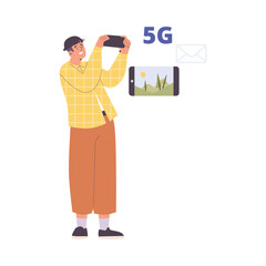 oung man uses a 5G connection to send images, flat vector illustration isolated.