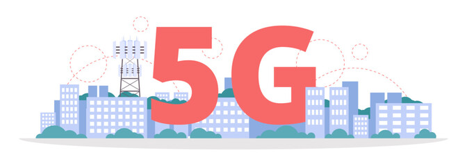 5G typographic header with cityscape and infographic wireless connections, flat vector illustration on white background.