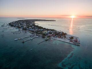 Caye Caulker Island in Caribbean Sea. Belize. Caribbean sea in background. Sunset Light