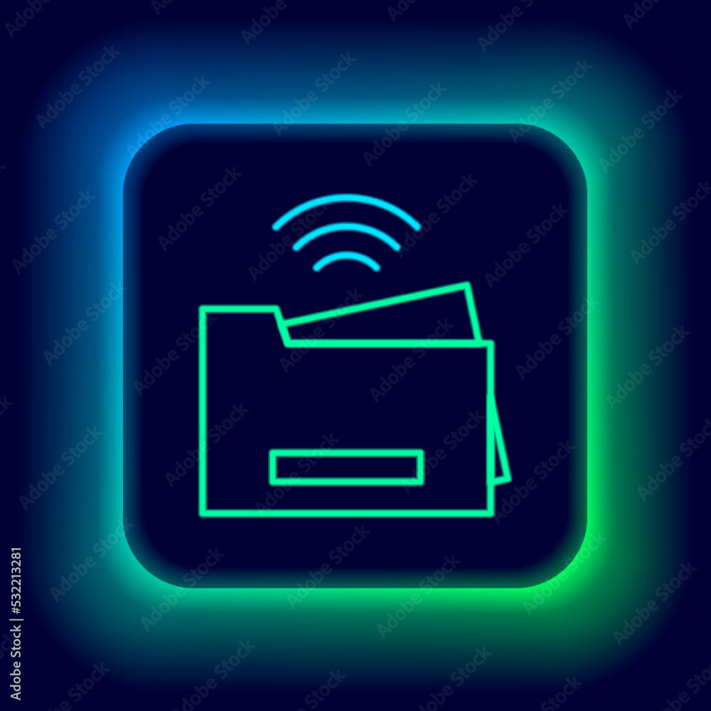 Poster glowing neon line smart printer system icon isolated on black background. internet of things concept