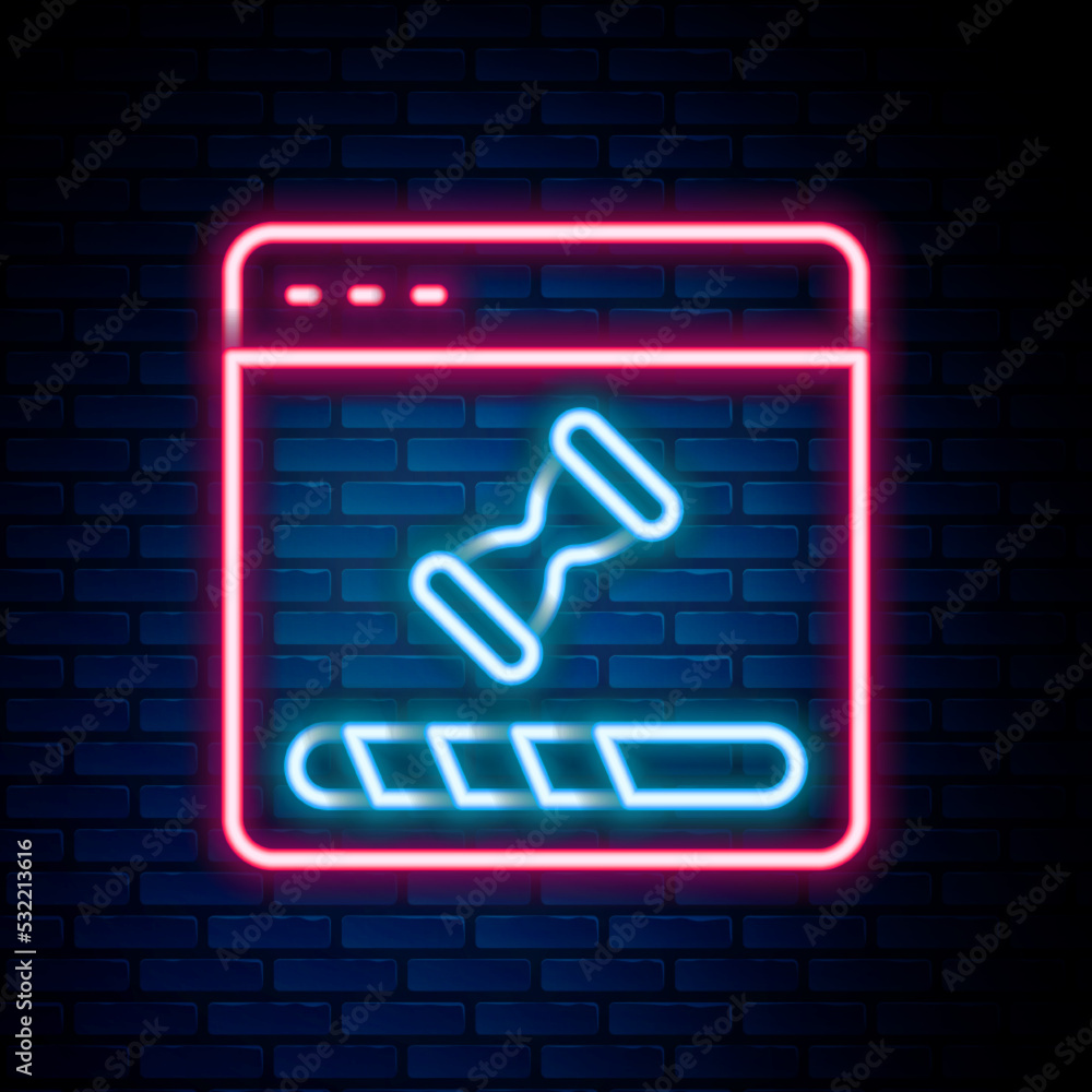 Poster glowing neon line loading a data window with a progress bar icon isolated on brick wall background. 