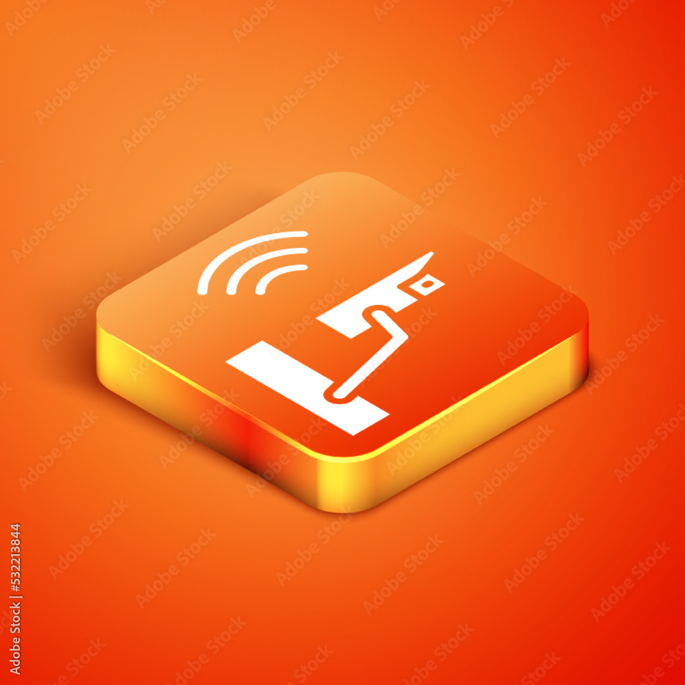 Poster isometric smart security camera icon isolated on orange background. internet of things concept with 