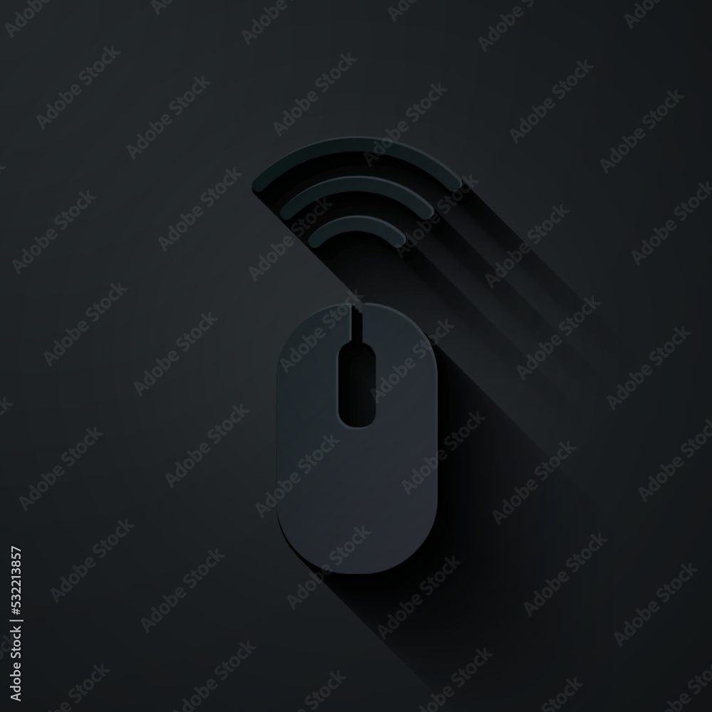 Poster paper cut wireless computer mouse system icon isolated on black background. internet of things conce