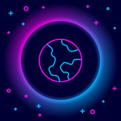 Glowing neon line Earth globe icon isolated on black background. World or Earth sign. Global internet symbol. Geometric shapes. Colorful outline concept. Vector