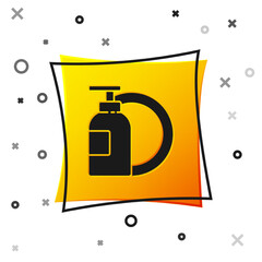Black Dishwashing liquid bottle and plate icon isolated on white background. Liquid detergent for washing dishes. Yellow square button. Vector Illustration