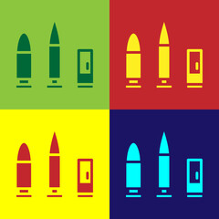 Pop art Bullet and cartridge icon isolated on color background. Vector