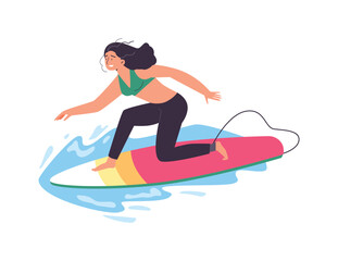 Woman surfing in the sea on waves, flat vector illustration isolated on white background.