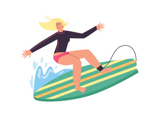 Fototapeta premium Happy woman in swimsuit surfing in the sea or ocean, flat vector illustration isolated on white background.