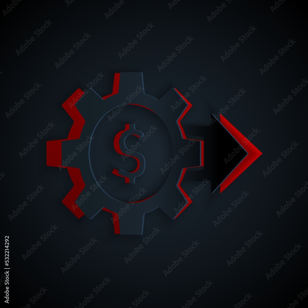 Poster Paper cut Gear with dollar symbol icon isolated on black background. Business and finance conceptual icon. Paper art style. Vector