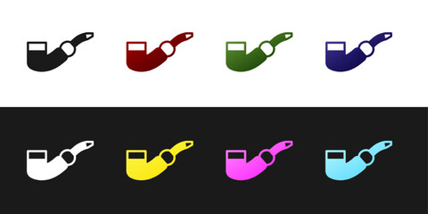 Set Smoking pipe icon isolated on black and white background. Tobacco pipe. Vector