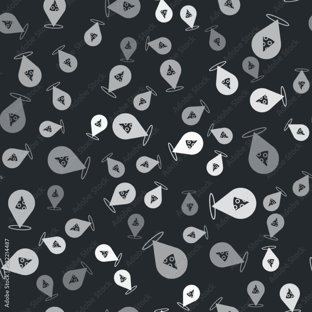 Poster grey slice of pizza icon isolated seamless pattern on black background. fast food menu. vector