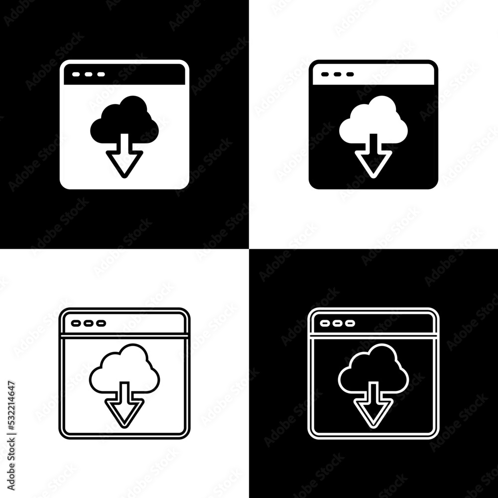Poster set cloud technology data transfer and storage icon isolated on black and white background. vector