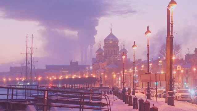 4k, Panoramic view of the Kruzenshtern embankment and Optina Pustyn Church, Neva river, Saint-Petersburg, Russia