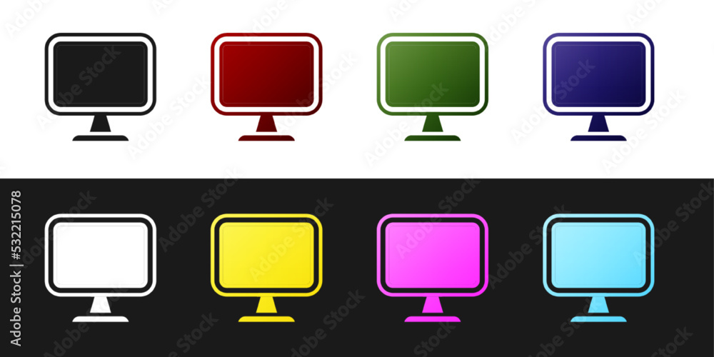 Poster set computer monitor screen icon isolated on black and white background. electronic device. front vi