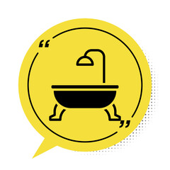 Black Bathtub icon isolated on white background. Yellow speech bubble symbol. Vector