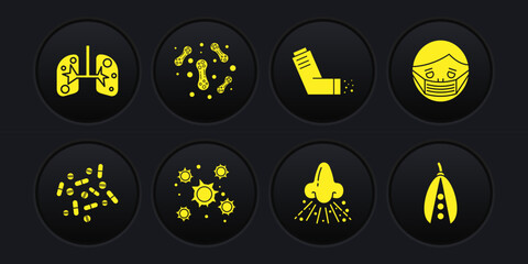 Set Medicine pill or tablet, Face protective mask, Bacteria, Runny nose, Inhaler, Kidney beans and Lungs icon. Vector