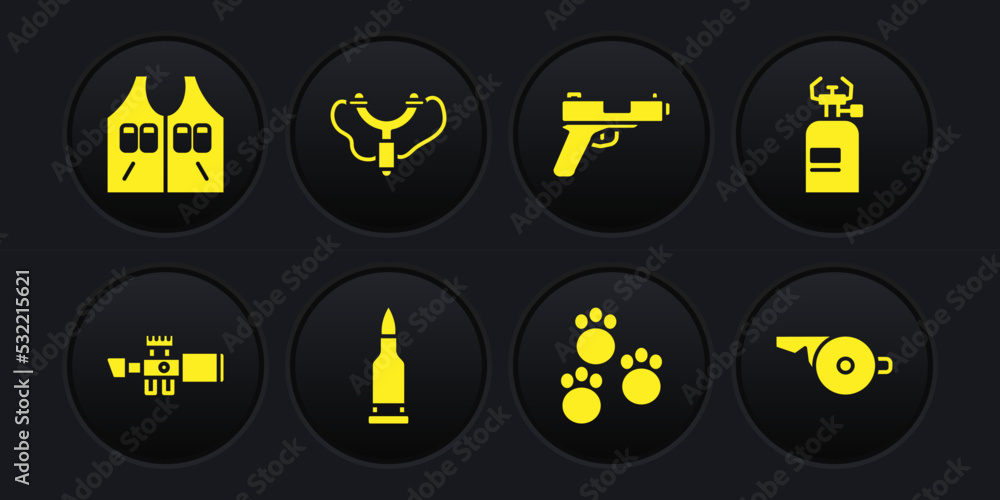 Sticker Set Sniper optical sight, Camping gas stove, Bullet, Paw print, Pistol or gun, Slingshot, Whistle and Hunting jacket icon. Vector