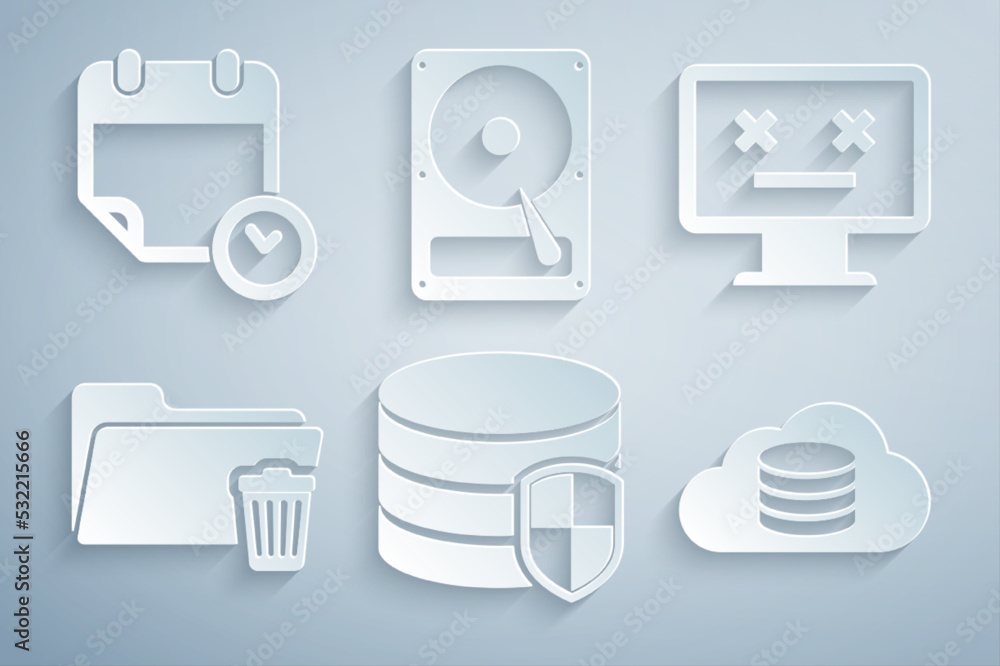 Poster set database protection, dead monitor, delete folder, cloud database, hard disk drive hdd and calend