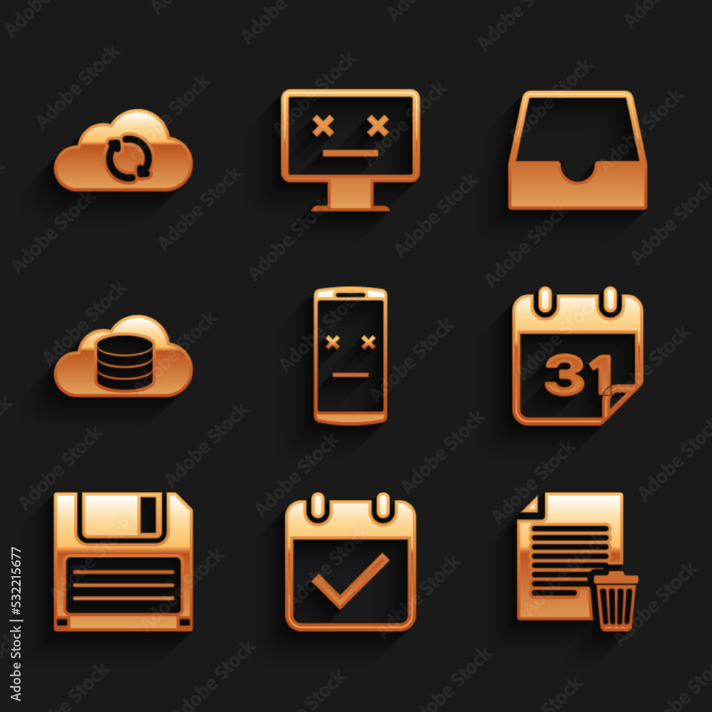 Poster set dead mobile, calendar with check mark, delete file document, , floppy disk and cloud database ic