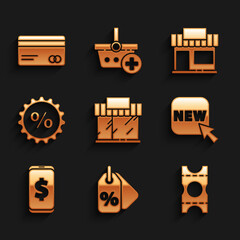 Set Shopping building or market store, Discount percent tag, Coupon, Button with text New, Smartphone dollar, and Credit card icon. Vector