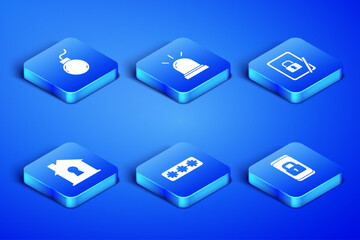 Set Mobile with closed padlock, Bomb ready to explode, Password protection, House under, Motion sensor and Tablet icon. Vector