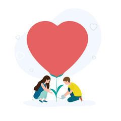 Girl and young man watering the heart. Human relations, Loving couple watering love plant or grow love romantic concept. Vector illustration isolated on white background.