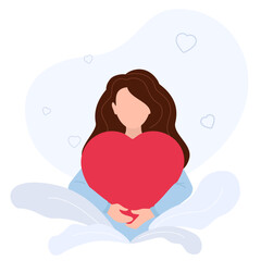 Girl hugs a big red heart. The concept of self-acceptance, confidence, love, volunteering.Vector illustration isolated on white background.
