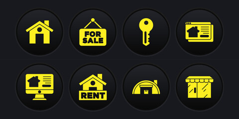 Set Online real estate house, Hanging sign with Rent, Warehouse, House key, For Sale, Market store and icon. Vector