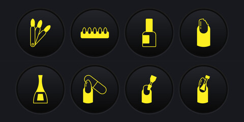 Set Bottle of nail polish, Broken, Nail file, Milling cutter for manicure, False nails, and icon. Vector