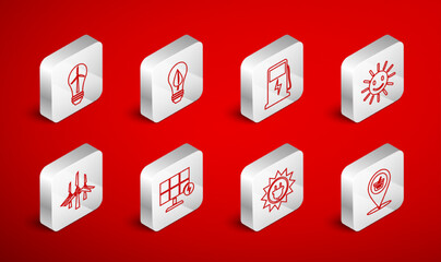 Set line Location shopping basket, Light bulb with leaf, Electric car charging station, Cute sun smile, Solar energy panel, wind turbine, and Wind turbines icon. Vector