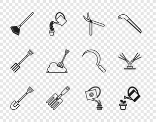 Set line Garden shovel, Watering can, Gardening handmade scissor, fork, rake leaves, Shovel the ground, and Automatic irrigation sprinklers icon. Vector