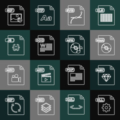 Set line DLL file document, RUBY, WMA, SVG, DOC, JS, GIF and MP3 icon. Vector