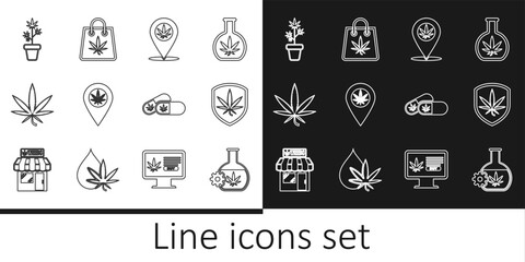 Set line Test tube with marijuana, Shield and, Location, Marijuana or cannabis leaf, plant in pot, Medical pills and Shopping bag of icon. Vector