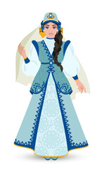 The Snow Maiden is the granddaughter of Father Christmas. A young girl in an inlaid headdress with a veil, a warm sleeveless vest and a long dress. Slavic retro fashion. Itsoria of the costume. Vector