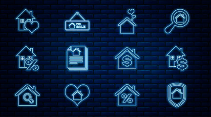 Set line House under protection, with dollar, heart shape, contract, percant, and Hanging sign For Sale icon. Vector