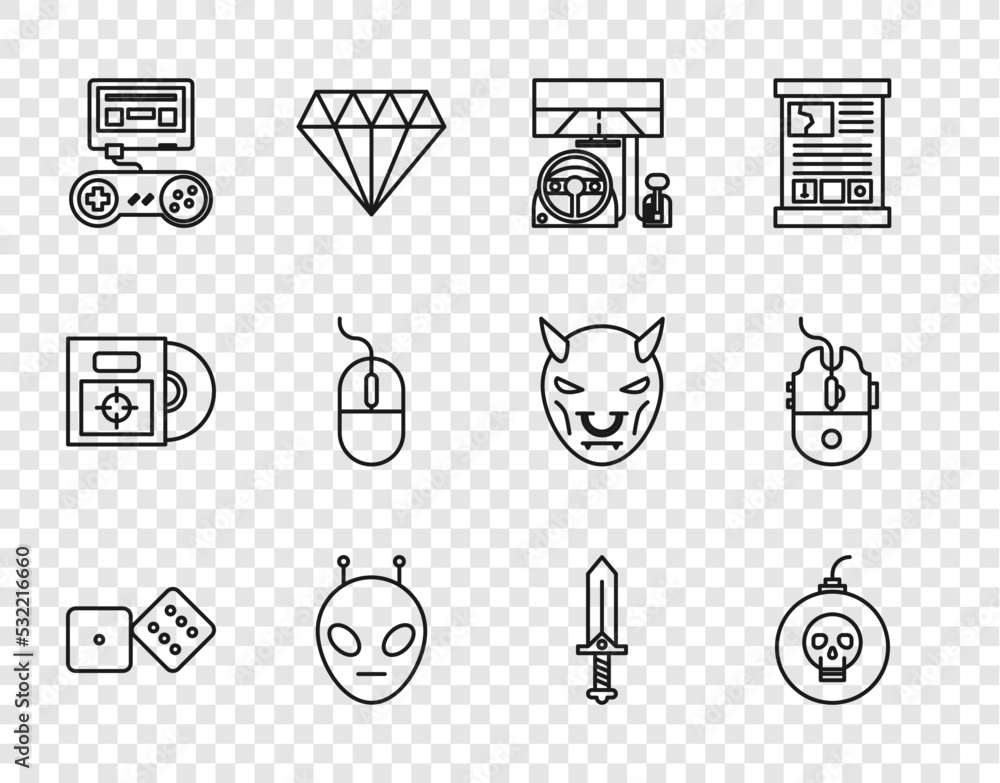 Poster set line game dice, bomb ready to explode, racing simulator cockpit, alien, console with joystick, c