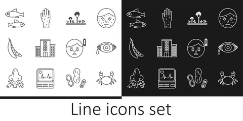 Set line Crab, Reddish eye allergic conjunctivitis, Mold, Medical hospital building, Kidney beans, Fish, Fatigue and Hand with psoriasis or eczema icon. Vector