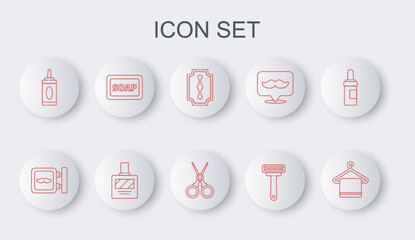 Set line Towel on a hanger, Barbershop, Blade razor, Shaving, Bottle of shampoo, soap with foam, Aftershave and Scissors hairdresser icon. Vector