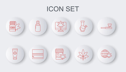 Set line Legalize marijuana globe, Medical cream with, Monitor and or cannabis, Marijuana leaf, bottle, olive oil, Rolling paper and icon. Vector