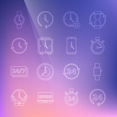 Set line Clock 24 hours, Smartwatch, Stopwatch, delete, Alarm clock, Wrist and app mobile icon. Vector