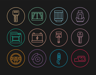 Set line Car mirror, key with remote, air filter, battery, Canister for motor oil, Engine piston and Gps device map icon. Vector