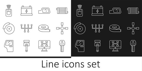 Set line Car key with remote, Wheel wrench, mirror, Gear shifter, brake disk caliper, Scotch tape and battery icon. Vector